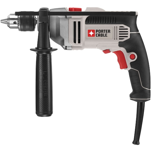 A PORTER-CABLE electric corded power drill with a side handle, shown in profile view. The drill features a black and grey body with red accents and the PORTER-CABLE logo on the side.