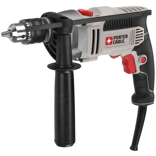 A corded electric drill with a side handle, labeled with the PORTER-CABLE brand, featuring a black and gray ergonomic design with red accents.