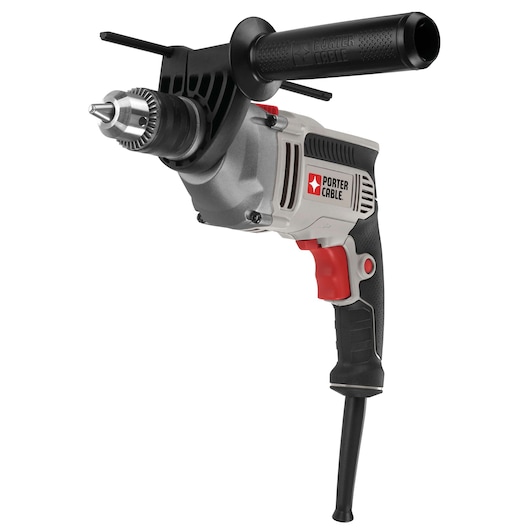 A corded electric drill with a side handle and keyed chuck, featuring a red and black grip and the PORTER-CABLE logo on its body.