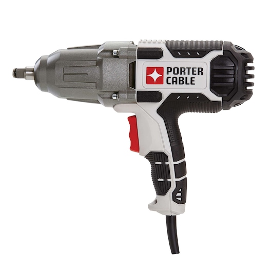 A PORTER-CABLE branded electric impact wrench with a grey metallic front, black and white body, red trigger, and a cord extending from the handle.