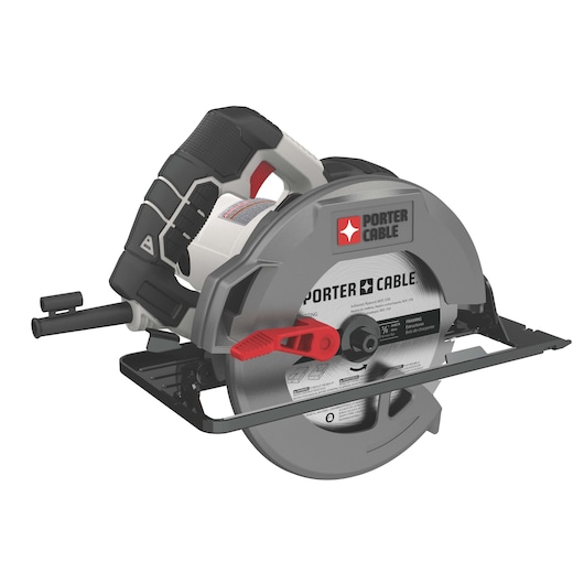 A PORTER-CABLE branded circular saw with a black and gray handle, a silver blade guard, and a visible blade. The tool is positioned against a white background.