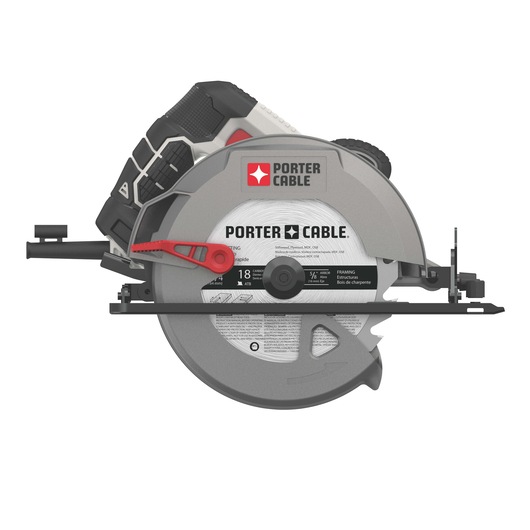 A PORTER-CABLE branded circular saw, model PCE300, shown from the side. The saw features a prominent blade guard, a handle with textured grip, and adjustment levers. Product details and branding are visible on the blade and housing.