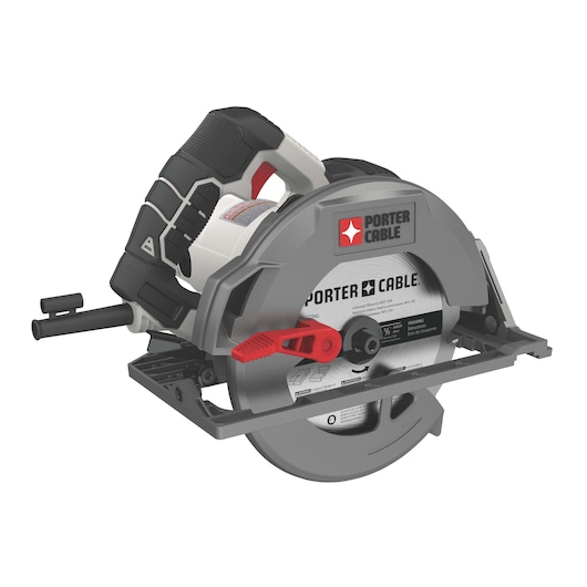 A PORTER-CABLE branded circular saw with a black and gray handle, red adjustment lever, and a metal blade guard. The saw is designed for cutting wood and other materials, and features prominent labeling on the side.