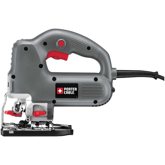 A PORTER-CABLE branded electric jigsaw with a gray and black body, red accents, and a visible power cord. The tool is designed for cutting wood and other materials with precision.