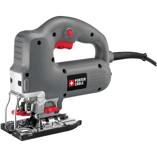 A close-up image of a PORTER-CABLE PCE341 corded jigsaw, showing its gray body, handle with red trigger, power cord, and metal baseplate.