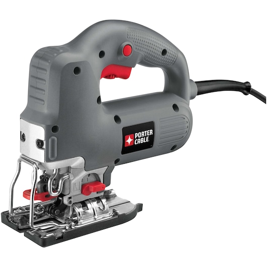 A PORTER-CABLE PCE341 corded electric jigsaw, featuring a grey handle with red accents, power cable, and metal blade guard, designed for precision cutting in woodworking and other materials.