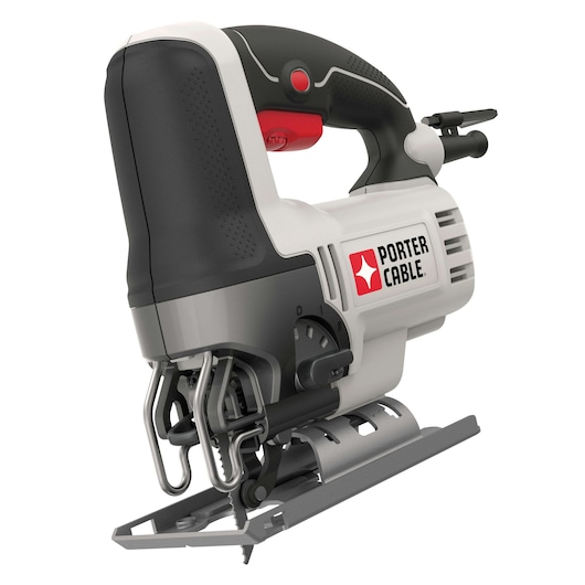 A close-up view of a PORTER-CABLE PCE345 electric jigsaw, showing its ergonomic handle, blade area, and PORTER-CABLE branding on the side.