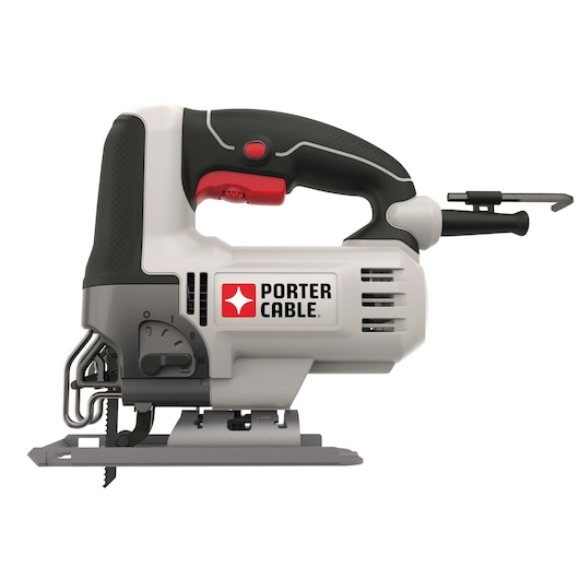 A Porter-Cable electric jigsaw power tool, model PCE345, featuring a black and white body with a red button and logo, shown from the side on a white background.