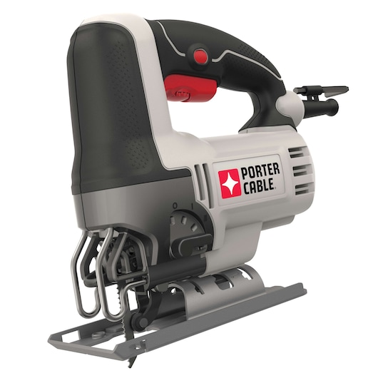 A close-up image of a PORTER-CABLE jigsaw, model PCE345, featuring a black and gray body with a red button and the brand logo on the side. The tool is shown on a white background.