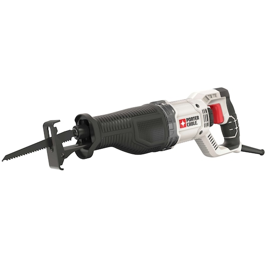 A PORTER-CABLE PCE360 reciprocating saw with a black and white body, red trigger, and a serrated blade, shown against a white background.