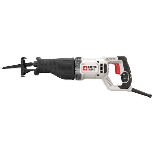 A PORTER-CABLE reciprocating saw with a black blade, black and gray grip, and white body, featuring a red trigger and corded power connection.