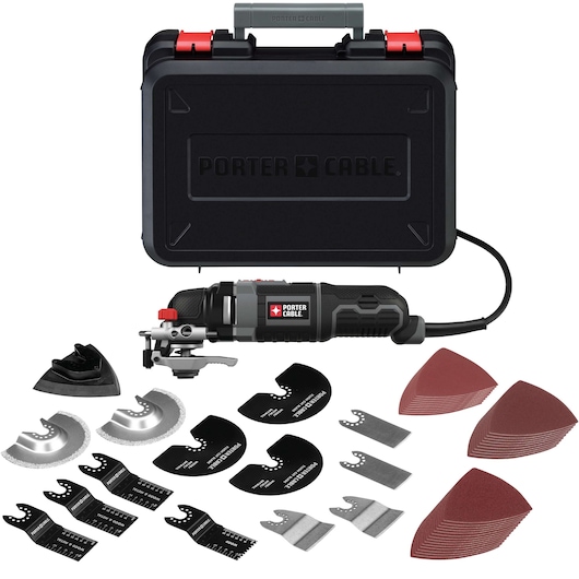 PORTER-CABLE oscillating multi-tool kit with a black carrying case, various tool attachments including blades, sanding pads, and accessories, organized on a white background.