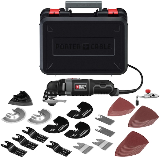 PORTER-CABLE oscillating multi-tool kit with various attachments and accessories displayed, including blades, sanding pads, and a black carrying case.