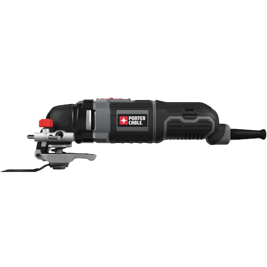 A PORTER-CABLE branded oscillating multi-tool with a black and gray body and a blade attachment, shown in a side view.