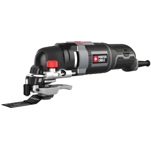 A PORTER-CABLE branded oscillating multi-tool with a black and gray body, red switch, and attached cutting blade. The tool is shown against a white background.