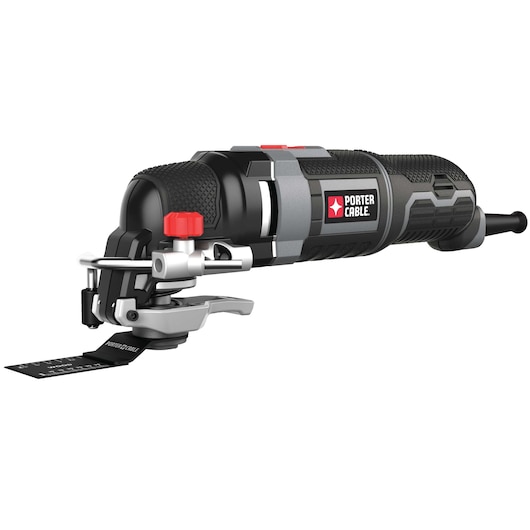 A PORTER-CABLE PCE605K oscillating multi-tool, shown close-up with a black cutting blade attached. The tool features a textured grip, a red adjustment knob, and the PORTER-CABLE branding on its side.