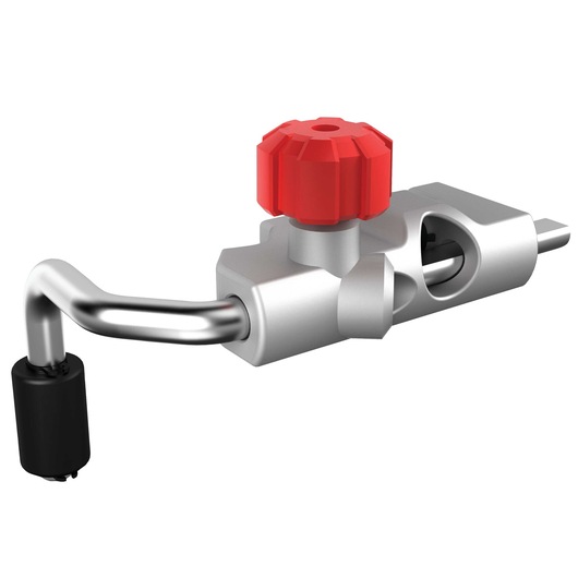 A close-up view of a PORTER-CABLE tool component featuring a silver metal body, a red ridged knob, and a bent metal arm with a black cylindrical attachment. The product is displayed against a plain white background.