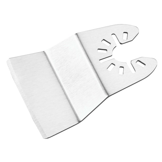 A close-up image of a silver metal oscillating multi-tool scraper blade with a notched mounting end and a flat scraper edge.