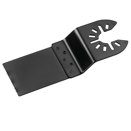 A close-up image of a PORTER-CABLE oscillating tool blade attachment. The blade is black, rectangular, and features saw teeth on one edge, with a mounting end designed for quick attachment to compatible oscillating tools.