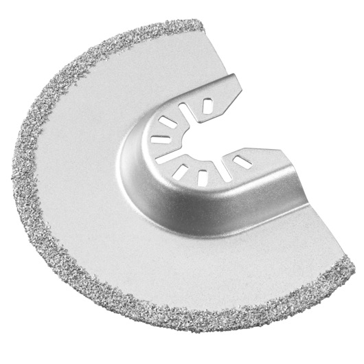 A close-up image of a semi-circular metal grit blade attachment designed for use with oscillating multi-tools. The blade has a silver finish, a coarse abrasive edge, and mounting slots in the center.