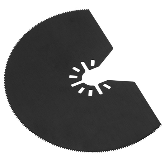A close-up image of a PORTER-CABLE PCE605K semicircular saw blade attachment for oscillating multi-tools, featuring small serrated teeth along its curved edge and mounting slots in the center.