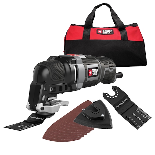 PORTER-CABLE oscillating multi-tool kit with a black and red carrying bag, multi-tool device, sanding pads, sanding attachment, and two cutting blades displayed.