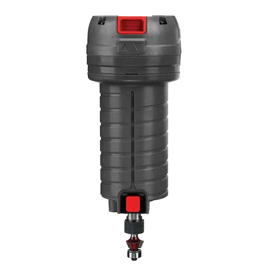 A black and red handheld electric router tool, shown vertically with a ribbed grip and a cutting bit attached at the bottom.