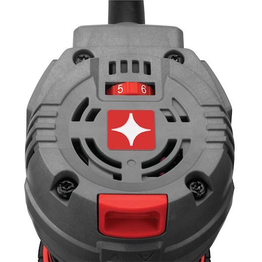 Close-up view of the front of a PORTER-CABLE electric tool, showing the gray and red casing with a white star-shaped logo, ventilation slots, and a numbered dial for settings.