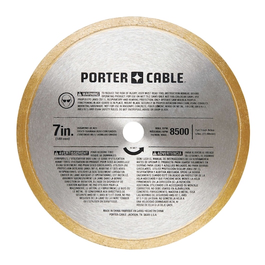 A PORTER-CABLE 7-inch diamond blade for cutting, featuring a gold-colored rim and safety instructions printed on the metal surface. The blade is labeled with maximum RPM 8500 and is intended for use with wet tile saws, not circular saws.