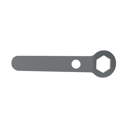 A metal wrench with a hexagonal opening on one end and a round hole near the middle, shown against a white background.