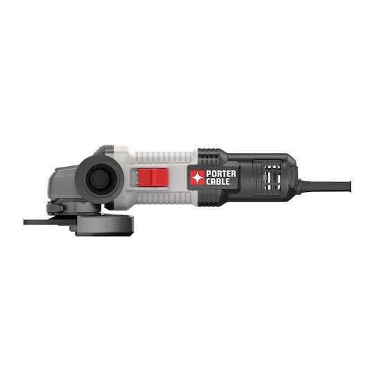 A PORTER-CABLE branded electric angle grinder, model PCEG011, shown in a side profile with a gray and black body and visible red switch.