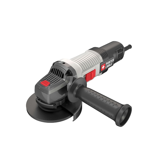 A PORTER-CABLE electric angle grinder with a side handle, shown in black, grey, and red colors.