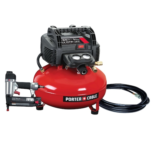 PORTER-CABLE air compressor set including a red pancake-style compressor, a nail gun, and a coiled air hose, shown against a white background.