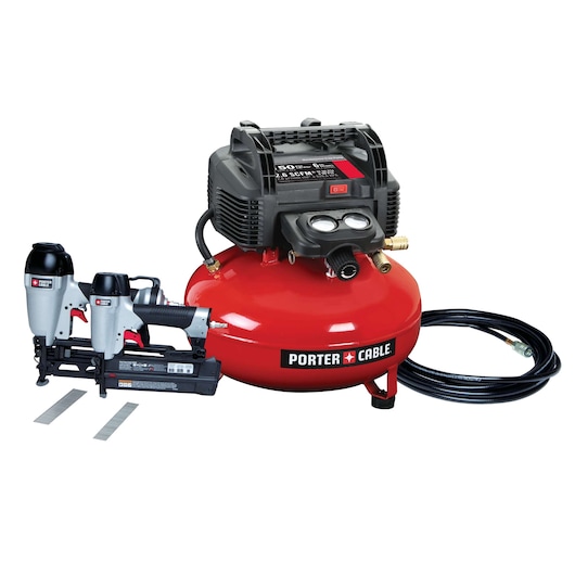 PORTER-CABLE air compressor kit featuring a red pancake-style air compressor, two nail guns, a hose, and strips of nails, displayed against a white background.