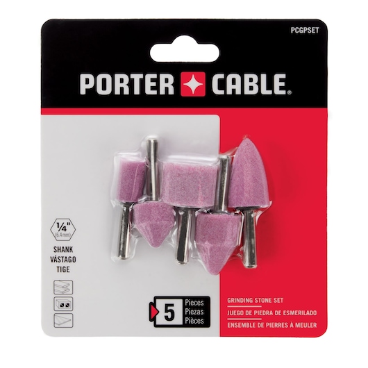 PORTER-CABLE branded package containing a 5-piece grinding stone set with various shaped pink grinding stones and metal shanks, suitable for use with rotary tools.
