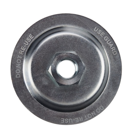 A close-up image of a circular metal hub accessory with a central hexagonal opening, manufactured by PORTER-CABLE. The rim features engraved safety warnings that read 'DO NOT RE-USE' and 'USE GUARD'.