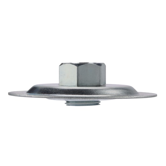 A metal hub adapter, shown from the side on a white background. The item has a flat circular base and a hexagonal nut shape extending upward.