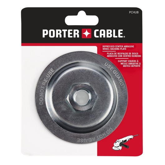 PORTER-CABLE depressed center abrasive wheel backing plate packaged on a card with bilingual instructions. The metal plate has engraved text, and is shown with a diagram of a tool in the bottom right corner.