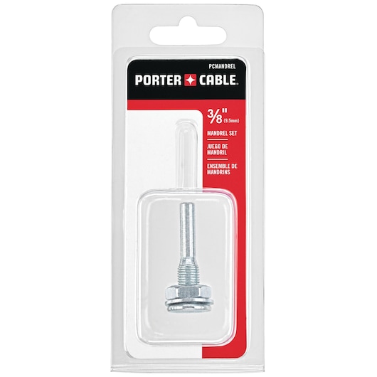 PORTER-CABLE mandrel set packaged in a clear blister pack, shown with a metal mandrel for 3/8 inch (9.5mm) applications. The packaging is white and red with the PORTER-CABLE logo at the top.