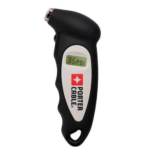 A PORTER-CABLE digital tire pressure gauge displaying 35 PSI on its screen. The device has a black and gray ergonomic design with the PORTER-CABLE logo visible below the digital display.
