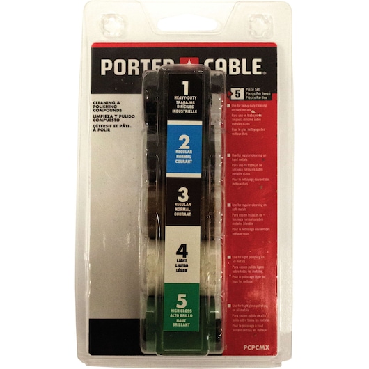 PORTER-CABLE 5-piece cleaning and polishing compound set in retail packaging. The set includes labeled compounds for heavy-duty, regular, light, and high gloss cleaning and polishing, intended for use on metal surfaces.