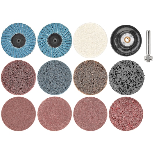 Set of twelve PORTER-CABLE sanding and polishing discs with assorted textures and colors, including two blue flap discs, one white polishing disc, four abrasive surface conditioning discs in various colors, four red-brown sanding discs, a backing pad, and a metal attachment piece, arranged in a grid on a white background.
