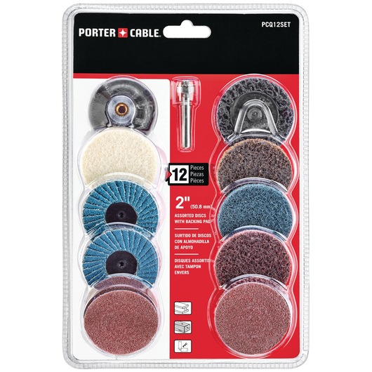 PORTER-CABLE PCQ12SET 12-piece 2-inch assorted discs with backing pad in retail packaging. The set includes various abrasive discs, a backing pad, and a mandrel, designed for surface preparation and finishing tasks.