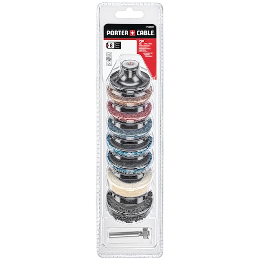 PORTER-CABLE 8-piece 2-inch polishing and sanding set, packaged in clear plastic, showing assorted discs and an attachment for use with power tools.