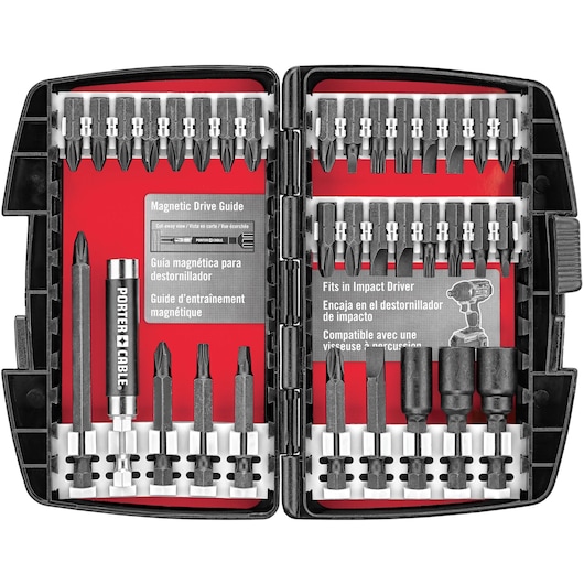 A PORTER-CABLE branded impact driver bit set with various screwdriver bits and sockets organized in a black plastic case with a red background. The set includes multiple types of bits and a magnetic drive guide, with the case open to display all components. Informational labels in English, Spanish, and French are visible inside the case.