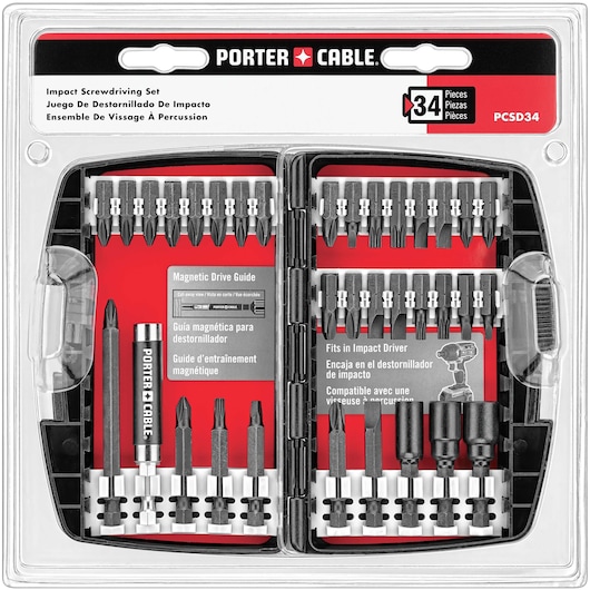 PORTER-CABLE 34-piece impact screwdriving set in a plastic case, showing various screwdriver bits and accessories organized within. The packaging includes details in English, Spanish, and French about its compatibility with impact drivers and features a magnetic drive guide.