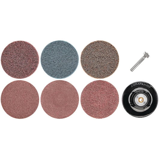 A PORTER-CABLE photography tool accessory set featuring six round sanding and polishing discs in various colors and textures, a spindle attachment, and a backing pad. The items are displayed on a white background.