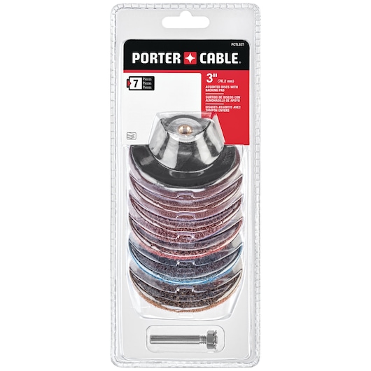 PORTER-CABLE 7-piece 3-inch assorted discs with backing pad, packaged in a clear plastic blister pack. The set includes several abrasive discs and a metal attachment bolt, designed for sanding and grinding applications.