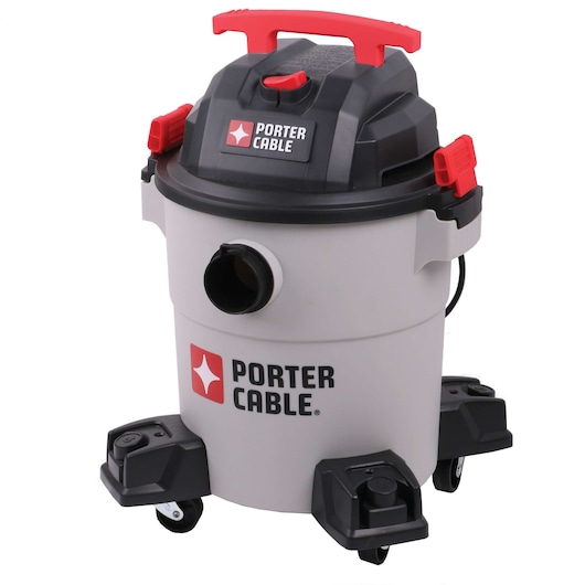 A PORTER-CABLE wet/dry shop vacuum with a grey cylindrical body, black top, red handle, and four black caster wheels. The vacuum features the PORTER-CABLE logo on the front and a hose connection port.