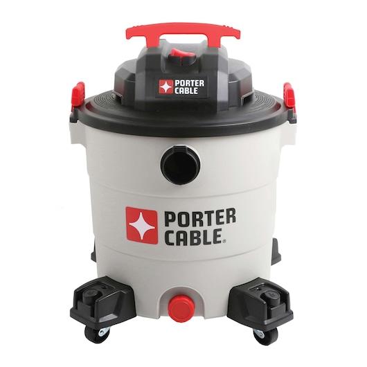 A PORTER-CABLE wet/dry vacuum with a grey cylindrical body, black lid, and red accents, featuring a handle on top and four caster wheels at the base.